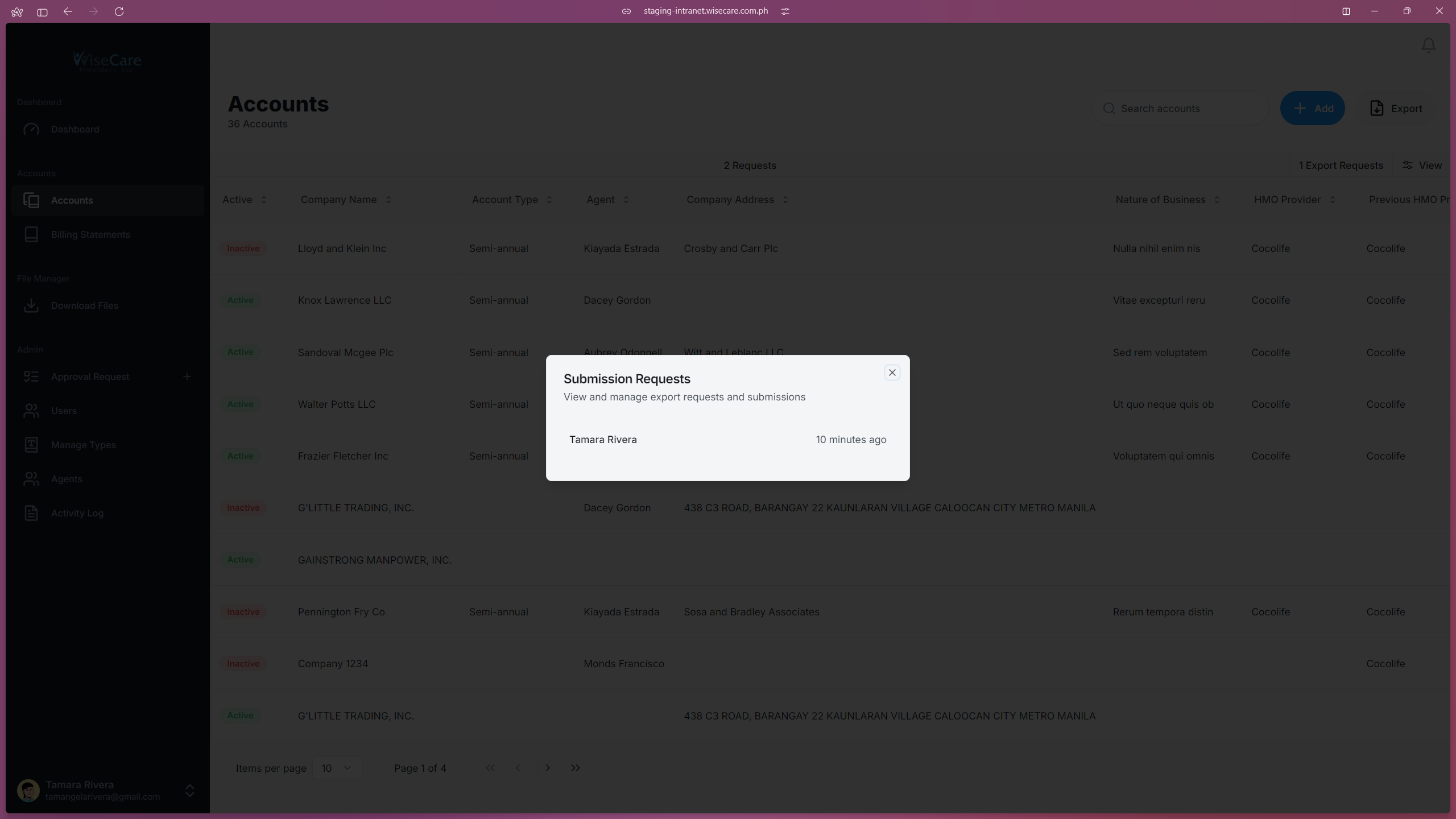 Accounts Export Requests Tab Accounts Export Requests Tab