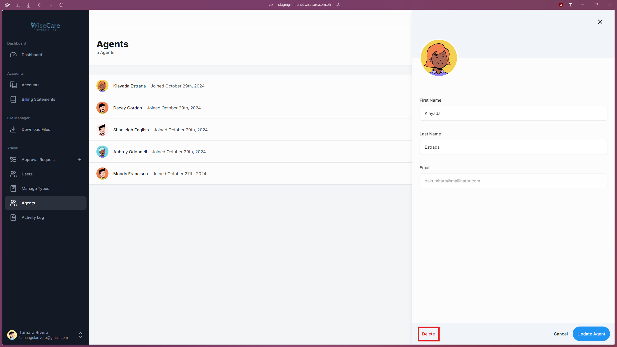 Delete button on Agent's Page Delete button on Agent's Page