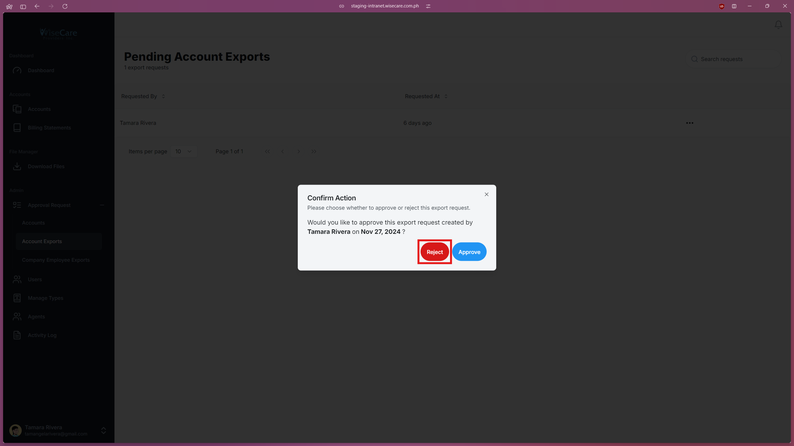 Account Exports Reject Account Exports Reject