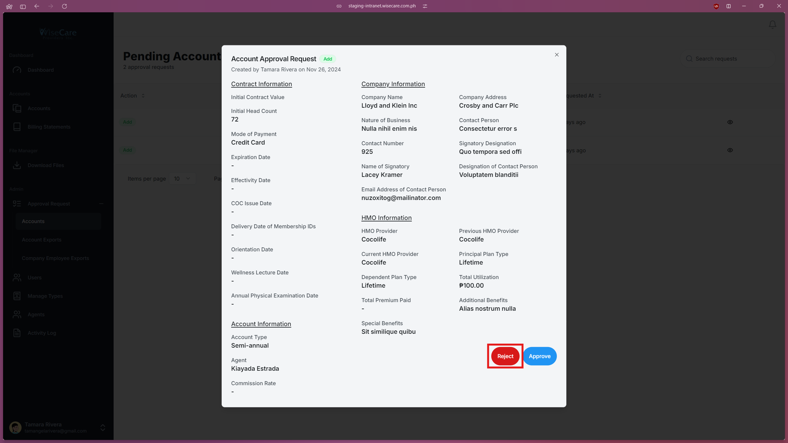 Account Reject Account Reject