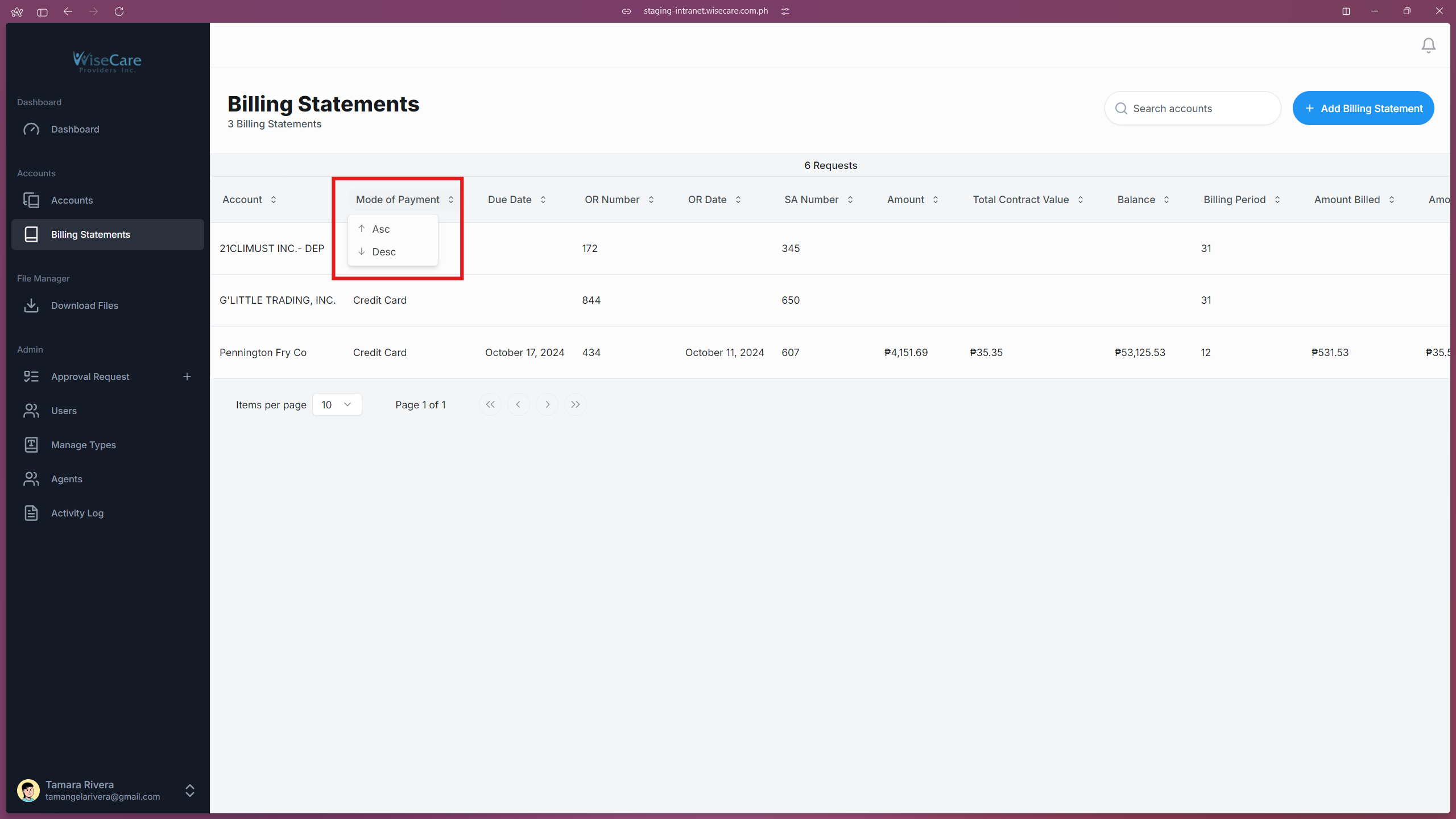 Billing Statements Sort Function Billing Statements Sort Function