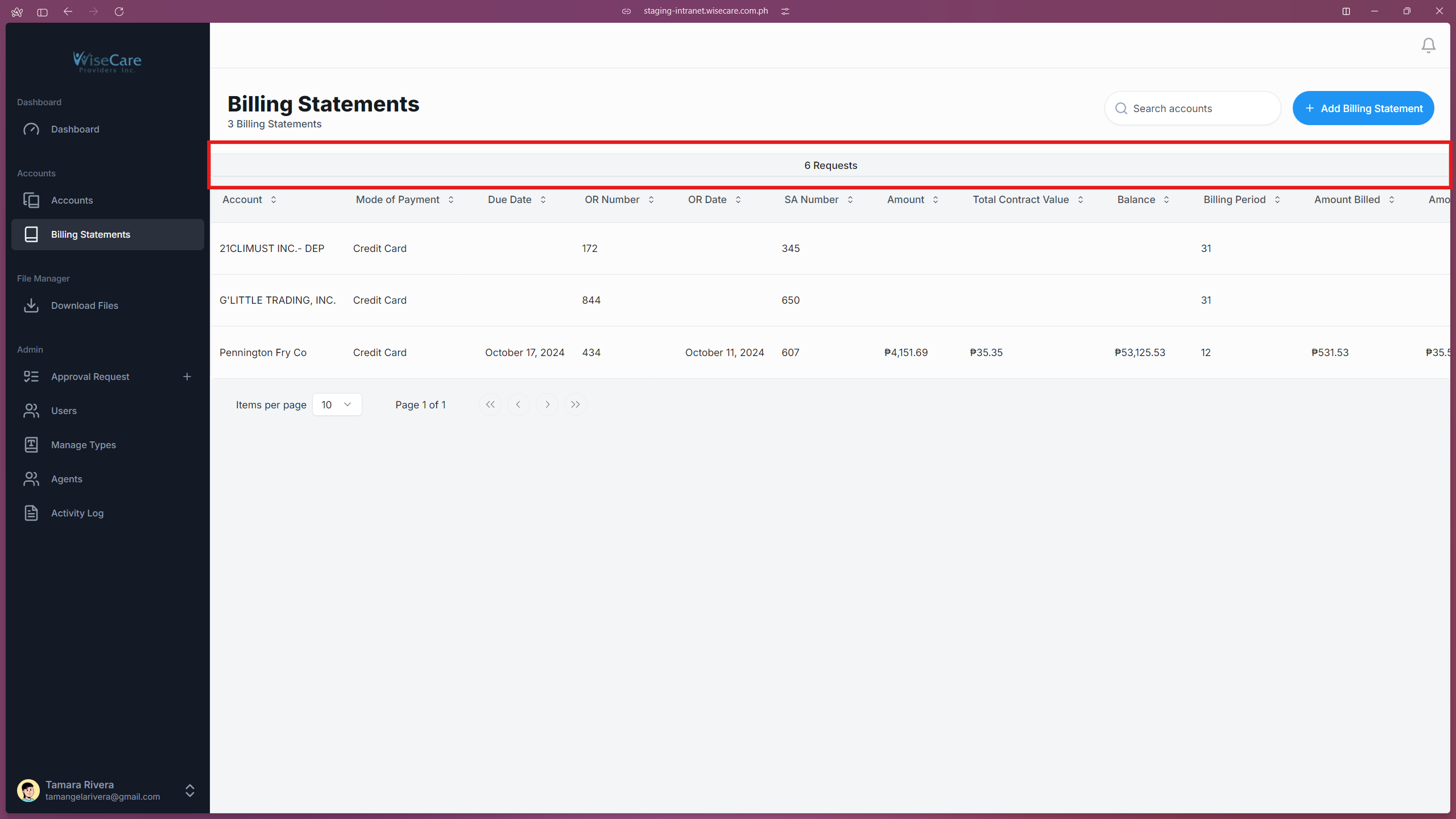 Billing Statements Requests Tab Billing Statements Requests Tab