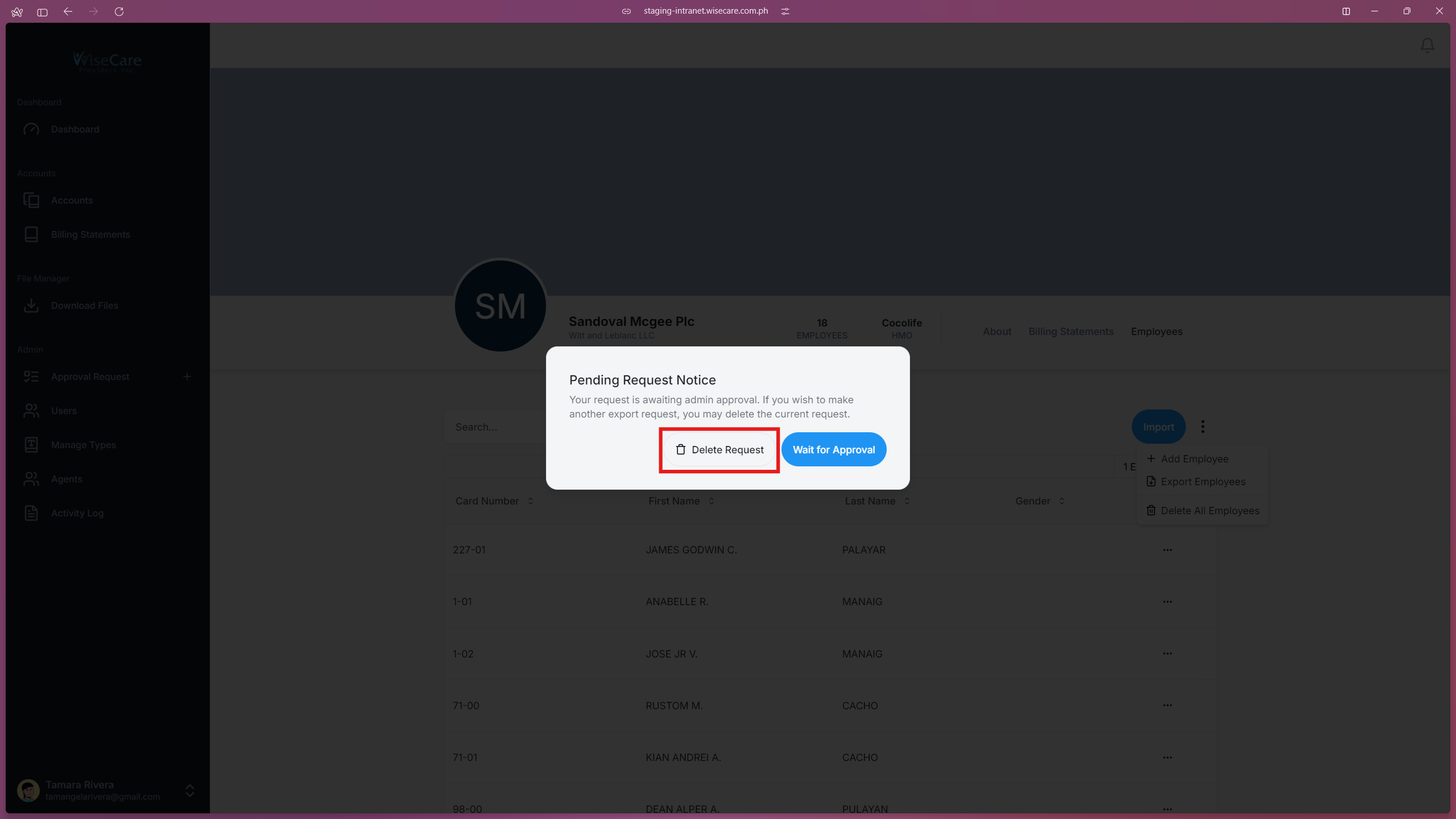 Employees Delete Export Request Employees Delete Export Request