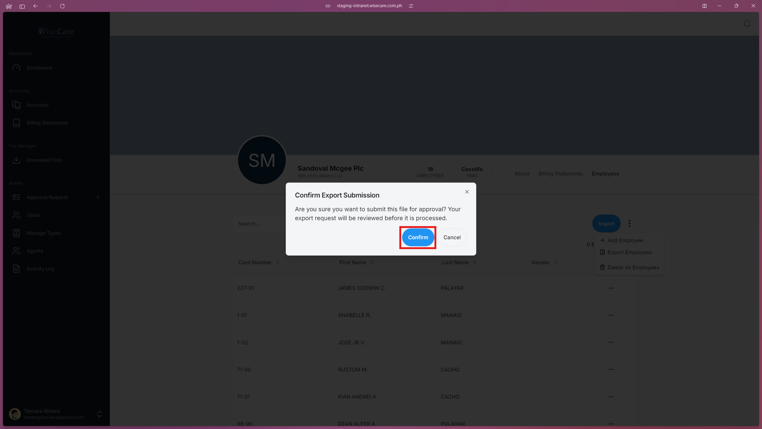 Employees Confirm Export Request Employees Confirm Export Request