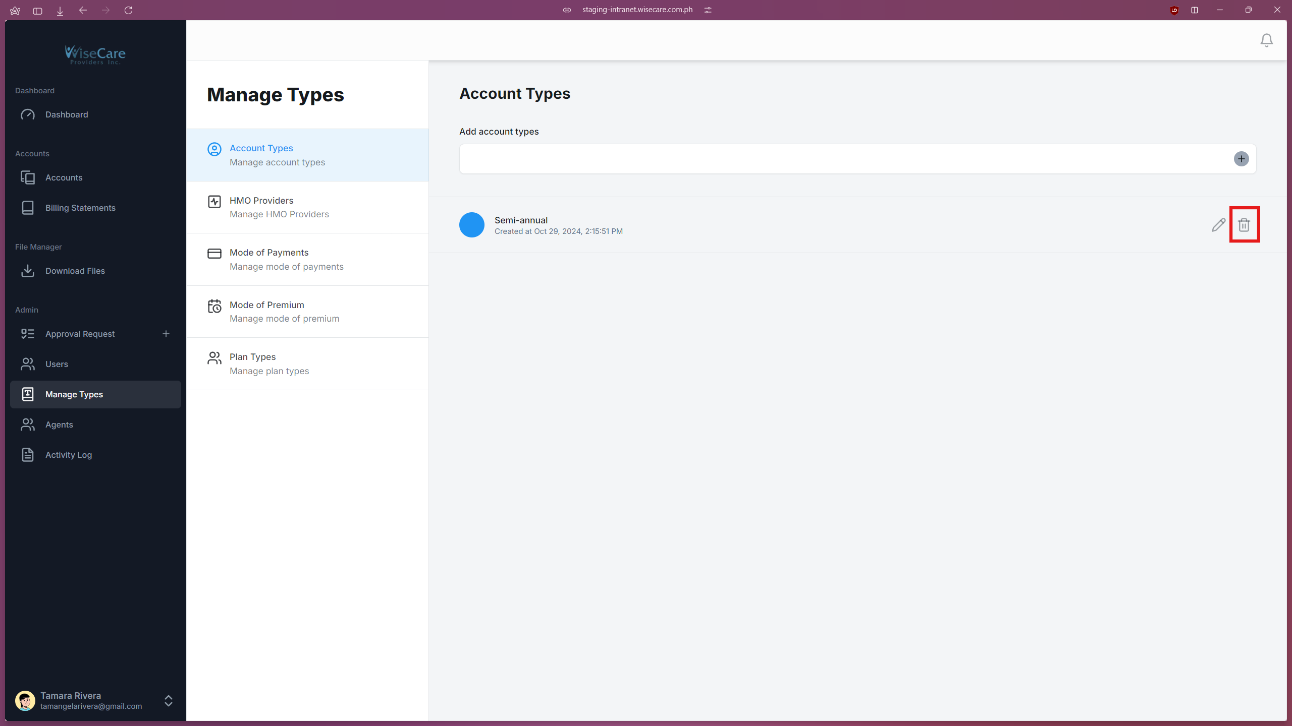 Delete icon on Manage Types Page Delete icon on Manage Types Page