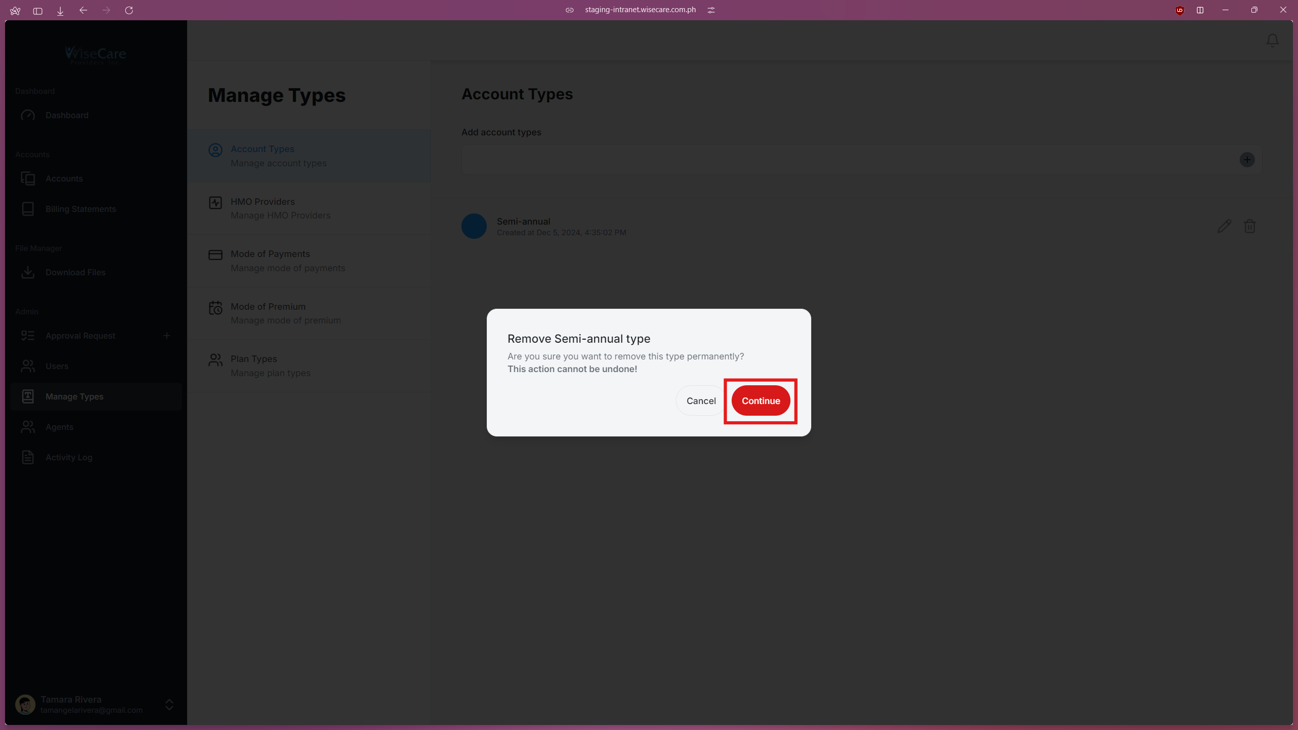 Delete Confirmation Modal on Manage Types Page Delete Confirmation Modal on Manage Types Page