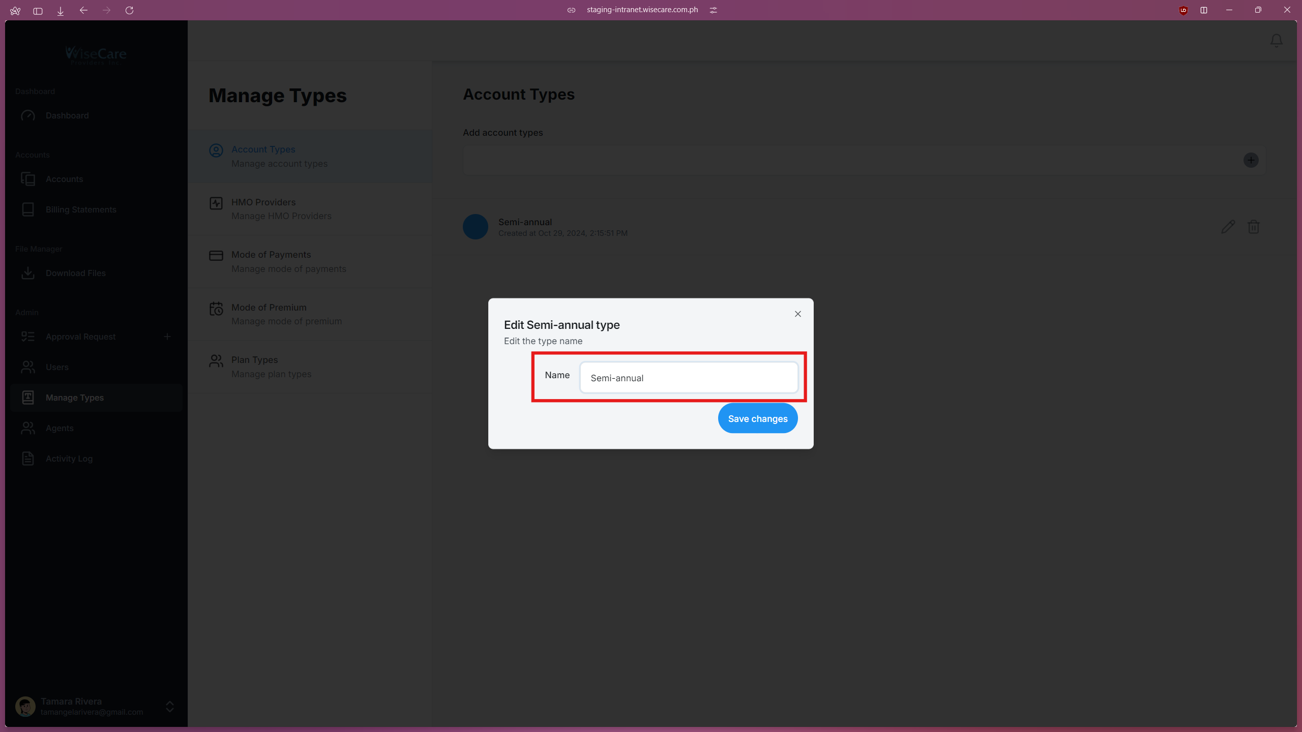 Edit Modal on Manage Types Page Edit Modal on Manage Types Page