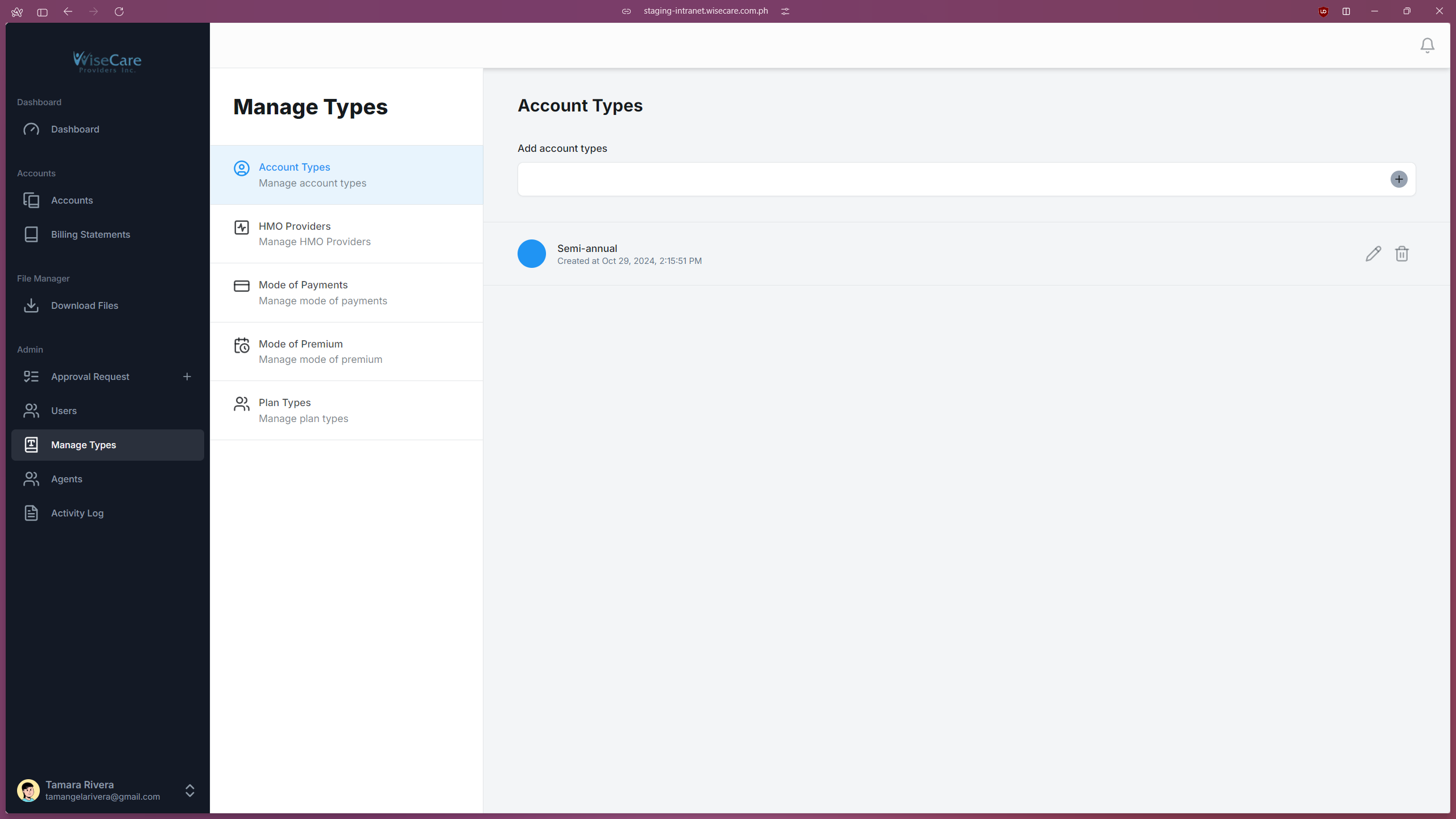 Manage Types Page Manage Types Page